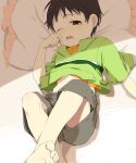  bad_id barefoot blush caterpillar_(artist) child feet lying male on_back onozawa_yuuki pillow shorts solo sweat tokyo_magnitude_8.0 wink 
