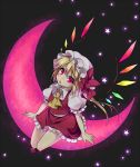  1girl blonde_hair crescent_moon flandre_scarlet hat masaru.jp moon ponytail red_eyes red_moon short_hair side_ponytail sitting solo touhou wings 
