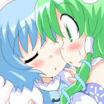  blue_hair blush closed_eyes geetsu green_eyes green_hair kochiya_sanae long_hair miko multiple_girls short_hair tatara_kogasa touhou yuri 