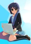  blue_hair cardigan computer ebibaachan face highres laptop nagato_yuki school_uniform short_hair suzumiya_haruhi_no_yuuutsu yellow_eyes 
