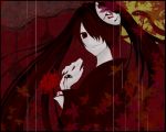  bad_id black_hair blood flower fox_mask hair_over_one_eye hatsune_miku japanese_clothes kimono leaf leaves long_hair lowres mask moon musunde_hiraite_rasetsu_to_mukuro_(vocaloid) red_eyes smile snake solo spider_lily twintails vocaloid yukata 