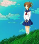   clouds field grass ikuoikuo magister_takigawa onanie_master_kurosawa school_uniform serafuku sky  