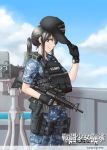  1girl assault_rifle baseball_cap beretta_m9 black_hair browning_m2 clouds combat_girls_regiment commentary gloves gun handgun hat holster load_bearing_vest long_hair looking_at_viewer m4_carbine military military_uniform original pistol plate_carrier ponytail profile rifle shino_(r_shughart) sky sleeves_rolled_up smile soldier solo thigh_holster uniform us_navy vertical_foregrip watch watch weapon 