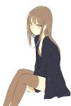  1girl between_legs brown_hair formal hand_between_legs long_hair looking_to_the_side lp_(hamasa00) simple_background sitting smile solo thigh-highs white_background zettai_ryouiki 