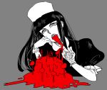  1girl alucard_(hellsing) blood cake cross finger_licking food fur_hat genderswap girlycard gloves hat hellsing hellsing:_the_dawn hime_cut kikai_ningen licking long_hair middle_finger pentagram puffy_sleeves solo ushanka vampire 