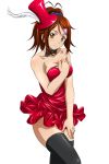  1girl bachou_mouki black_legwear breasts brown_hair cleavage dress hair_ornament hat ikkitousen looking_at_viewer mini_hat red_dress simple_background smile solo strapless_dress thigh-highs white_background yellow_eyes 