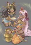  2girls animal_ears ankh anklet arm_support armlet bandeau barefoot bastet_(p&amp;d) black_hair blue_eyes blush bracer breasts cat_ears cleavage dark_skin egyptian fang green_eyes hair_ornament hathor_(p&amp;d) headdress highres jar jewelry kneeling leaning_forward long_hair midriff milk multiple_girls navel necklace open_mouth paw_print pink_hair puzzle_&amp;_dragons saucer shadow signature skirt smile very_long_hair yummiclaire 