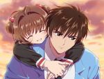  1boy 1girl blush brown_eyes brown_hair cardcaptor_sakura carrying closed_eyes clouds commentary_request eyebrows eyebrows_visible_through_hair hair_between_eyes kinomoto_sakura kinomoto_touya koitsu_(blue) long_sleeves necktie piggyback school_uniform short_hair smile upper_body 