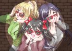  3girls :d ayase_eli black_hair blonde_hair blue_eyes bow brick_wall commentary_request glasses green_eyes hair_bow hands_on_own_cheeks hands_on_own_face hatena_heartbeat love_live!_school_idol_project multiple_girls natomo_garden open_mouth purple_hair red-framed_glasses red_eyes scrunchie smile spotlight sunglasses toujou_nozomi twintails yazawa_nico 