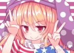  1girl american_flag american_flag_shirt artist_name beni_shake blonde_hair clownpiece double_v frilled_collar hat jester_cap long_hair polka_dot red_eyes simple_background smile solo striped striped_background touhou v 