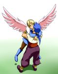  1boy 1girl blonde_hair blue_boots boots breath_of_fire breath_of_fire_iv brooch dress hairband hetero hug jewelry knee_boots long_hair nina_(breath_of_fire_iv) pantyhose pink_wings short_hair skirt wings yas 