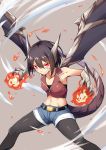  1girl belt black_hair black_legwear denim denim_shorts dragon_girl dragon_horns dragon_tail dream_demon fireball gauntlets horns legwear_under_shorts looking_at_viewer midriff monster_girl navel original pantyhose red_eyes short_hair shorts slit_pupils smile solo tail 