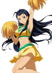  1girl aqua_eyes armpits black_hair breasts cheerleader cleavage ikkitousen kakouen_myousai long_hair looking_at_viewer navel simple_background skirt solo white_background yellow_skirt 