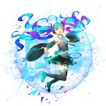  1girl aqaqico aqua_eyes boots detached_sleeves floating_hair hatsune_miku headset highres jumping long_hair looking_at_viewer multicolored_hair necktie one_eye_closed open_mouth skirt smile solo thigh-highs thigh_boots twintails very_long_hair vocaloid white_background zettai_ryouiki 