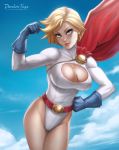  1girl armpits artist_name bangs belt belt_buckle beltskirt blonde_hair blue_eyes blue_gloves blue_sky breasts cape cleavage cleavage_cutout clenched_hands clouds contrapposto cowboy_shot dandon_fuga day dc_comics flexing flipped_hair gloves groin hand_up head_tilt highleg highleg_leotard large_breasts leaning leotard light_smile lips looking_at_viewer outdoors pose power_girl short_hair sky smile solo superhero swept_bangs taut_clothes thigh_gap thighs toned turtleneck vertical_stripes watermark web_address wind 