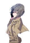  1girl brown_eyes gloves half-closed_eyes highres looking_back short_hair simple_background smile solo supernew trench_coat 