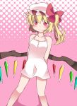  1girl 3: arms_behind_back blonde_hair blush chemise collarbone commentary_request flandre_scarlet hair_ribbon halftone halftone_background hammer_(sunset_beach) hat mob_cap pink_background pink_eyes ribbon short_hair side_ponytail solo touhou wavy_mouth wings 