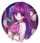  1girl blush cookie_run crying crying_with_eyes_open ghost long_hair long_sleeves looking_at_viewer onion_cookie purple_hair solo stuffed_toy tears violet_eyes 