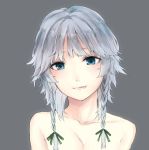  1girl absurdres braid breasts cleavage collarbone face grey_eyes highres izayoi_sakuya looking_at_viewer nagata_nagato out-of-frame_censoring silver_hair solo tongue tongue_out topless touhou twin_braids upper_body 