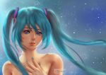  1girl archie-the-redcat blue_eyes blue_hair blue_nails collarbone hair_ornament hand_on_own_chest hatsune_miku lips looking_at_viewer nail_polish parted_lips patreon signature solo topless twintails upper_body vocaloid 