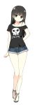  1girl bare_legs belt black_hair black_shirt brown_eyes casual character_request collarbone copyright_request denim denim_shorts full_body highres looking_at_viewer off_shoulder sandals shirt short_shorts short_sleeves shorts simple_background skull_print sky_(freedom) solo thigh_gap white_background 