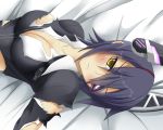  1girl balchy bed blush breasts cleavage eyepatch headgear kantai_collection large_breasts lying necktie purple_hair school_uniform short_hair solo tenryuu_(kantai_collection) torn_clothes yellow_eyes 