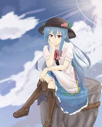  1girl :3 blue_hair blush boots clouds crossed_legs food fruit hand_on_own_chin hat head_rest hinanawi_tenshi keystone knee_boots light_smile long_hair nise_(__nise6__) peach red_eyes sitting touhou 