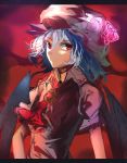  1girl ascot bat_wings blue_hair brooch dress face hat highres hizagawa_rau jewelry looking_at_viewer mob_cap pink_dress portrait puffy_short_sleeves puffy_sleeves red_eyes remilia_scarlet short_sleeves sketch solo touhou upper_body wings 