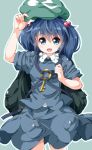  1girl backpack bag blue_eyes blue_hair hair_bobbles hair_ornament hat kawashiro_nitori key open_mouth ruu_(tksymkw) short_hair simple_background skirt smile solo touhou twintails white_background 