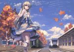  1girl autumn_leaves blonde_hair blue_eyes dress huanxiang_huifeng long_hair looking_at_viewer original outdoors railroad_tracks smile solo train train_station 