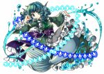 1girl blue_eyes blue_hair bubble danmaku drill_hair frills head_fins japanese_clothes kimono long_sleeves mermaid monster_girl obi outstretched_arm ribbon sash short_hair simple_background smile socha solo touhou wakasagihime water white_background wide_sleeves 
