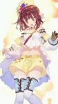  1girl :d atelier_(series) atelier_sophie bare_shoulders blush brown_eyes brown_hair collarbone dress flower hat highres jewelry navel necklace official_art open_mouth short_hair single_glove smile solo sophie_neuenmuller takekono thigh-highs wrist_cuffs 