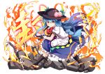  1girl blue_hair boots cross-laced_footwear dress fire food fruit full_body hat hinanawi_tenshi lace-up_boots layered_dress long_hair looking_at_viewer nogisaka_kushio peach puffy_sleeves red_eyes ribbon short_sleeves smile solo spread_legs sword_of_hisou text touhou transparent_background 
