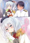  1boy 1girl admiral_(kantai_collection) beret black_hair blue_eyes blush bow buttons chika_(toumei_kousoku) collar comic drinking epaulettes frilled_sleeves frills full-face_blush glass hair_between_eyes hat hat_bow kantai_collection kashima_(kantai_collection) long_sleeves looking_at_viewer military military_uniform no_eyes open_mouth parted_lips red_ribbon ribbon silver_hair smile speech_bubble talking translated uniform upper_body 