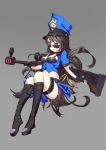  1girl ammunition anti-materiel_rifle black_hair blue_eyes boots breasts caitlyn_(league_of_legends) cleavage garters gun hat highres league_of_legends long_hair midriff navel police police_hat police_uniform policewoman rabbit_(tukenitian) rifle simple_background sniper_rifle solo tsurime uniform weapon 