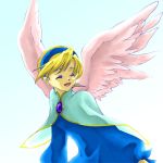  1girl blonde_hair breath_of_fire breath_of_fire_iv brooch dress hairband jewelry lowres nina_(breath_of_fire_iv) open_mouth pink_wings short_hair single_earring smile solo upper_body wings 