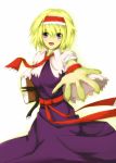  1girl alice_margatroid ascot blonde_hair blush book capelet dress grimoire hairband holding holding_book open_mouth orien purple_dress sash short_hair simple_background smile touhou violet_eyes white_background 