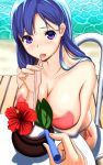  1girl beach bikini blue_hair breasts character_request drinking_straw flower highres large_breasts long_hair looking_at_viewer phoenix_(pixiv8412452) red_bikini solo_focus swimsuit violet_eyes 