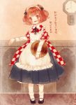  1girl apron bell blush checkered full_body hair_bell hair_ornament head_tilt long_sleeves looking_at_viewer maid_headdress mary_janes motoori_kosuzu open_mouth red_eyes redhead shoes skirt smile socks solo text touhou translation_request tray twintails white_legwear wide_sleeves yujup 