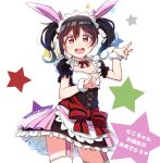  &gt;:d 1girl :d \m/ apron black_hair bow detached_collar double_\m/ garter_straps love_live!_school_idol_project maid maid_headdress mogyutto_&quot;love&quot;_de_sekkin_chuu! open_mouth red_eyes smile solo star sukaru573 twintails twitter_username waist_apron wristband yazawa_nico 