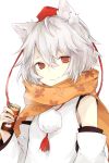  1girl albino animal_ears detached_sleeves hasunokaeru hat highres inubashiri_momiji long_sleeves looking_at_viewer pom_pom_(clothes) red_eyes scarf shirt simple_background smile solo string tokin_hat touhou upper_body white_background white_hair wide_sleeves wolf_ears 
