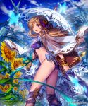  1girl ass bikini blonde_hair breasts butterfly flower highres lee_hyeseung lineart long_hair looking_back open_clothes open_mouth shingeki_no_bahamut shiny shiny_skin side-tie_bikini smile solo sunflower swimsuit 