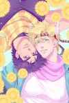  2boys blonde_hair blue_eyes caesar_anthonio_zeppeli facial_mark flower gamako green_eyes headband jojo_no_kimyou_na_bouken joseph_joestar_(young) male_focus multiple_boys purple_hair scarf sunflower upside-down winged_hair_ornament 