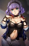  1girl aqua_centolm aqua_eyes belt breasts chestnut_mouth choker cleavage collarbone cowboy_shot gradient gradient_background hairband highres jacket long_sleeves looking_at_viewer nakamura_kanko navel navel_cutout open_clothes open_fly open_jacket parted_lips purple_hair short_hair shorts simple_background sleeves_rolled_up solo standing stomach super_robot_wars_mx unzipped wrist_cuffs 