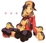  1boy animal_on_shoulder bag baseball_cap black_hair blue_pants closed_eyes cyndaquil gold_(pokemon) hat indian_style looking_at_viewer on_shoulder pants pokemon pokemon_(creature) pokemon_(game) pokemon_hgss simple_background sitting smile sweater white_background yasiromann zipper 