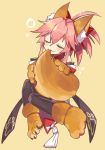  1girl animal_ears bell bell_collar biting_tail bow caster_(fate/extra) closed_eyes collar detached_sleeves fate/grand_order fate_(series) fox_ears fox_tail full_body gloves hair_bow japanese_clothes paw_gloves pink_hair ponytail solo tail tamamo_cat_(fate/grand_order) thigh-highs ulogbe zettai_ryouiki 