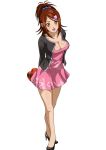  1girl bachou_mouki breasts brown_hair cleavage dress hair_ornament ikkitousen looking_at_viewer open_mouth pink_dress simple_background solo white_background yellow_eyes 