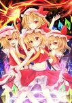  1girl adapted_costume bare_arms blonde_hair bloomers clone crop_top erihiro fang flandre_scarlet four_of_a_kind_(touhou) frilled_skirt frills hand_on_own_face hat head_on_head highres laevatein looking_at_viewer looking_back midriff mob_cap navel one_eye_closed open_mouth outstretched_arms red_eyes shirt side_ponytail skirt skirt_set sleeveless sleeveless_shirt solo touhou underwear wings wrist_cuffs 