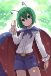  1girl adapted_costume antennae belt cape d@i green_eyes green_hair head_tilt highres long_sleeves looking_up parted_lips shirt short_hair shorts solo touhou wriggle_nightbug 