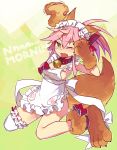  1girl animal_ears apron bell bell_collar bow caster_(fate/extra) collar fang fate/grand_order fate_(series) fox_ears fox_tail full_body gloves hair_bow naked_apron one_eye_closed paw_gloves pink_hair ponytail solo tail tamamo_cat_(fate/grand_order) tears ulogbe yawning yellow_eyes 